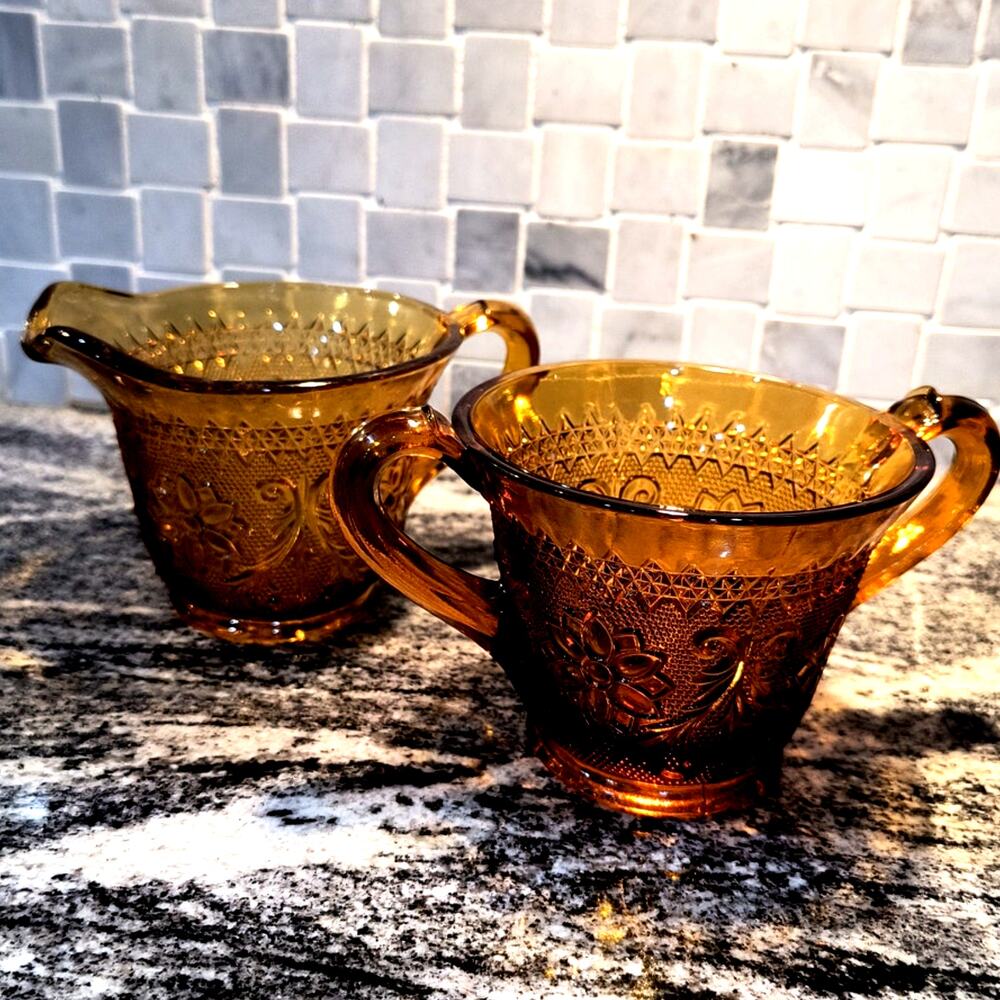 611. Cream and Sugar Set Vintage Amber Tiara Sandwich Glass